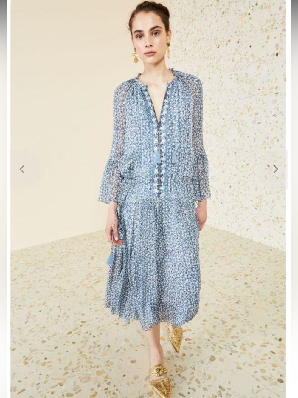 Ulla Johnson Lotte Silk Blue Floral Midi Dress with Tassel Tie
